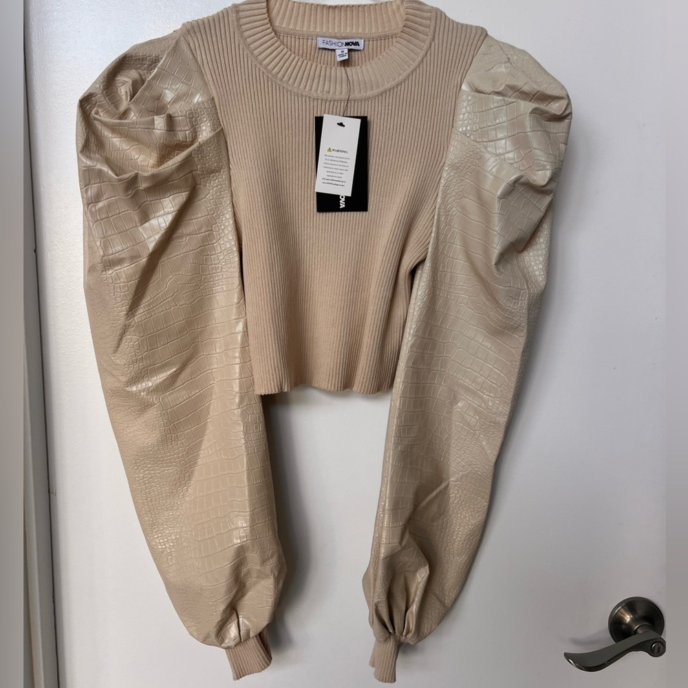 Faux leather sleeve crop sweater